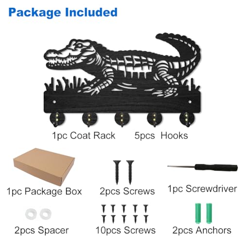 MAYJOYDIY Crocodile Wall Mount Key Holder, 30 x 18.1 cm, 5 Alloy Hooks, Wooden Coat Rack for for Entryway Hallway Kitchen Bedroom - Image 3
