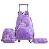 Kit Mochila Castelo Luzinha Piscante De Rodinhas Escolar Infantil 3 Peças Com Estojo e Lancheira Térmica
