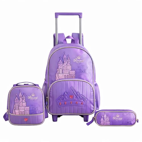 Kit Mochila Castelo Luzinha Piscante De Rodinhas Escolar Infantil 3 Peças Com Estojo e Lancheira Térmica