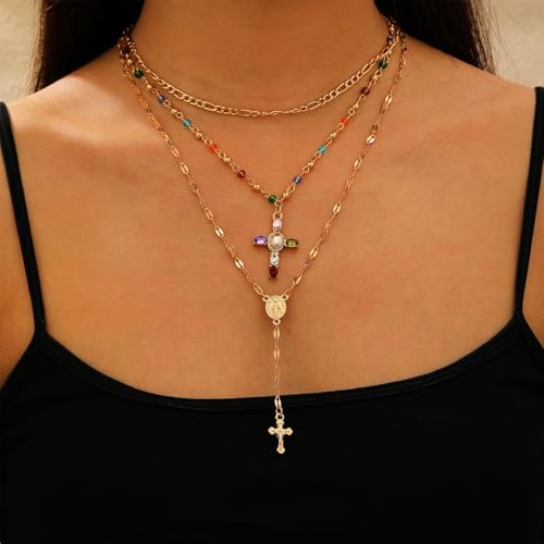 Layered Cross Lariat Necklace for Women Gold Cross Turquoise Sun Y Necklace Colorful Crystal Pearl Long Necklaces Boho Statement Jewelry Gifts4