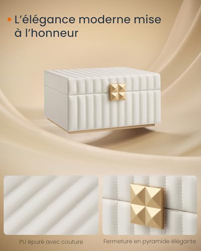 SONGMICS HOME ANAH Collection - Boîte à Bijoux à 2 Étages avec Miroir, Organiseur, Plateau Amovible, Surface PU avec Coutures, Effet Suspendu, 21,5 x 24 x 13,5 cm, Idée Cadeau, Blanc Nuage JBC182W01 – vue 3