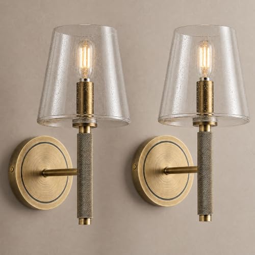 Image of 12 inch Knurled Brass Wall Sconces Set of 2,Gold Bathroom Vanity Light Fixtures with Clear Seeded Glass Shade,Dimmable Hardwired Lamp Lighting for Bedroom,Living Room,Hallway,Staircase,Mirror