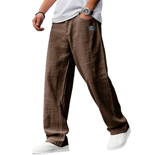 Men’s Casual Hemp Pants – Lightweight Breathable Loose Fit Summer Beach Trousers with Drawstring Elastic Waist & Pockets