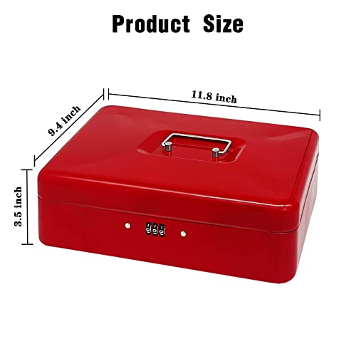 Steel Cash Box With Combination Lock, Metal Small Money Organizer With Removable Money Tray,Cash Storage Box With Lockable Cover (Red - 11.8" X 9.4" X 3.5") #TOP1