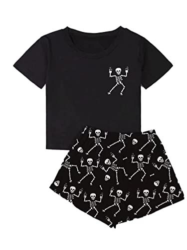 SweatyRocks Women's Cute Graphic Print Short Sleeve Crop Top with Shorts Pajama Set