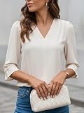 HAWILAND Koszula damska, rękaw 3/4, dekolt w serek, elegancka, bufiaste rękawy, szyfon, biznesowa, na co dzień, na wiosnę, lato, morela, L