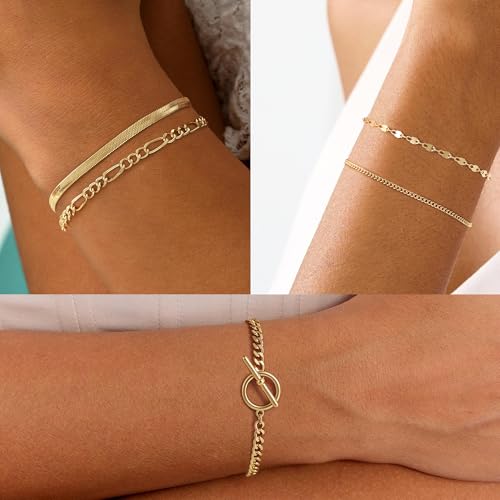 Gold Plated Bracelets for Women - Dainty 14K Gold Plated Chunky Stack Bracelet Set Adjustable Paperclip Bead Rope Box Figaro Herringbone Cuban Link Chain Bracelets Waterproof Non Tarnish Trendy Jewelry Gift4