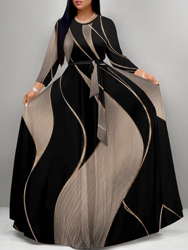 Image of PinkPatty Women's Long Sleeve Maxi Dress Plus Size Trendy Wedding Guest Dress with Pockets&Belt