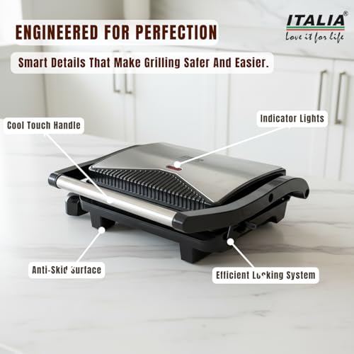 Image of ITALIA Premium 1000W Electric Grill Sandwich Maker | Non-Stick, Oil Drip Tray & Cool Touch Handle | 2-Slice Panini Press | 1-Year Warranty | Black & Stainless Steel