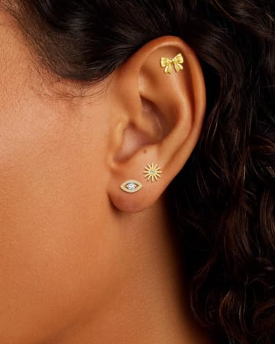 Sweetkiki Flat Back Earrings, Star Bow Evil Eye Stud Earrings in 14K Gold Plated Hypoallergenic | Cartilage Earring | Tragus Helix Piercing Jewelry | Threadless Push in Flatback Nap Earrings for Women3