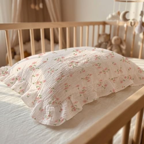 Image of Toddler Pillowcases for 13 inchx18 inch Pillow 2 Pack, Muslin Small Toddler Baby Kids Travel Pillow Covers for Boys Girls with Envelope Closure (Flower E & Pink-Ruffled, 13 x 18 Inch)