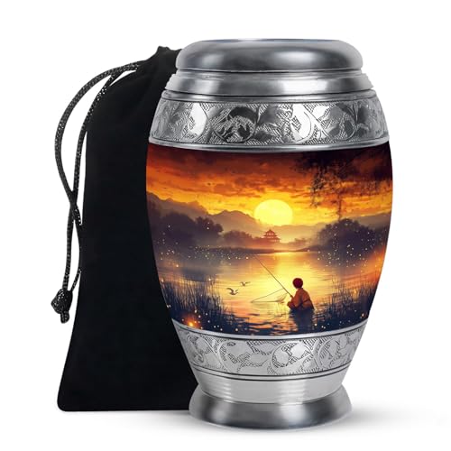 KARYLIZ Fisherman Cremation Urns for Ashes Adult Male, Large Sunset Urns for Human Ashes, Yellow Burial Urn for Mother Father, Decorative & Funeral Urn, Ash Holder, Memorial for Loved Once, 10 Inch