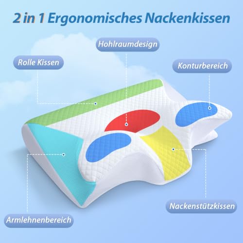 HOMCA Nackenkissen Memory Foam Kissen 2 in 1 Nackenstützkissen Ergonomisches Kopfkisse für...