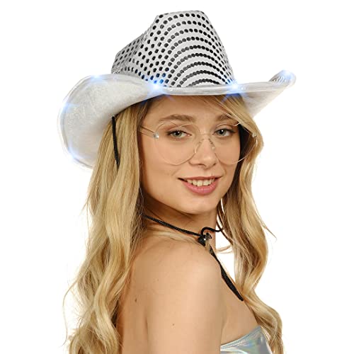 image for Funcredible Space Cowgirl Hat | White Light Up Cowboy Hat with Glasses