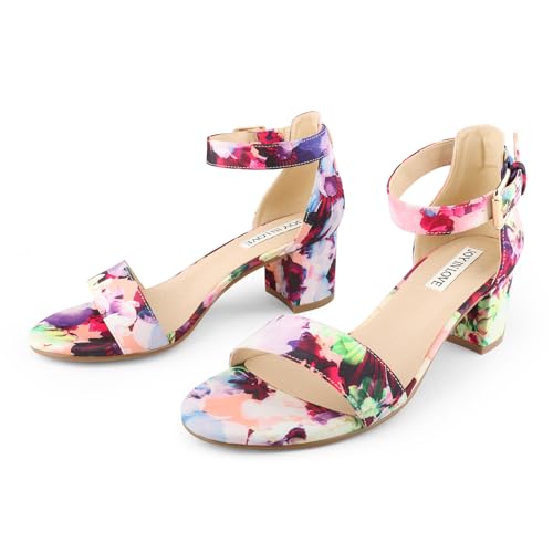 JOY IN LOVE Women's Chunky Low Heels Ankle Strap Open Toe Block Heel Sandals Floral Fabric 8.5US