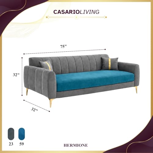 Image of Hermione Luxe Velvet-Suede Fabric Dual Tone 3 Seater Sofa | Golden Legs | Comfortable Seating | Modern Sofa for Living Room - Dark Gray & Aqua Blue