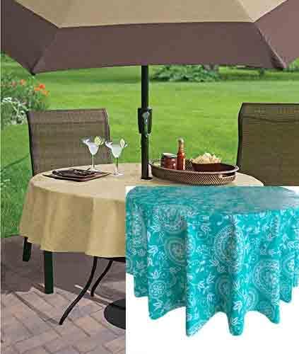 Newbridge Shabby Chic Medallion Vinyl Flannel Backed Tablecloth - Amiel Medallion Leaf Boho Indoor/Outdoor Vinyl Picnic, BBQ and Dining Tablecloth - 70 Inch Zippered Umbrella Round, Blue