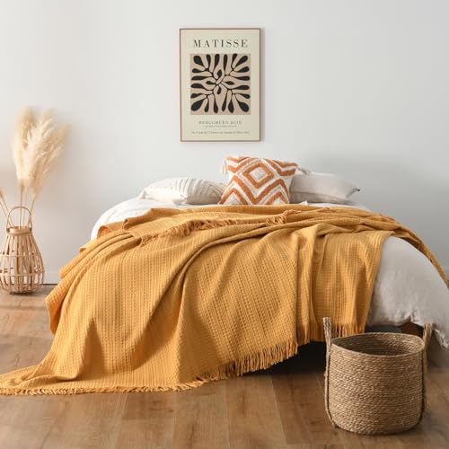 100% Cotton Waffle Blanket with Fringe, Pre-Washed Waffle Weave Blanket for All Season, Lightweight...