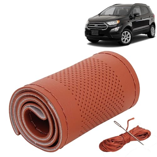 Image of KINGSWAY PU Leatherite Car Steering Cover Sewable Compatible with Ford Ecosport (Year 2017-2021), Tan Color with Tan Thread, Pack of 1 with Sewing Needle and Thread