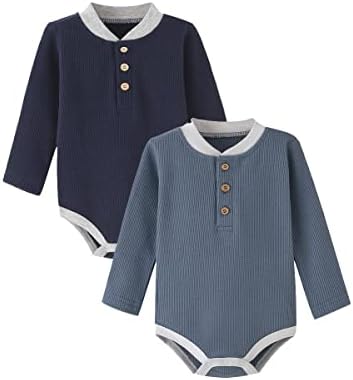 Ekkimy Baby Girls Boy's Long Sleeve Bodysuits, Organic Cotton Gender Neutral Romper 2 Packs (Navy&Blue, 18-24 Months)