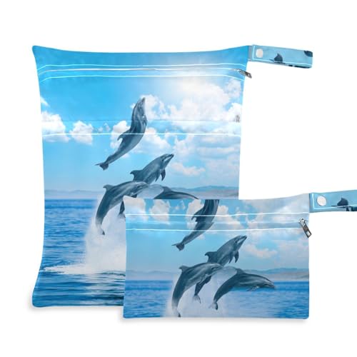 susiyo 2 Pcs Wet Dry Bag Dolphins Beautiful Seascape Blue Sky Waterproof Reusable Baby Cloth Diaper Wet Bags with 2 Zipper Pockets for Breast Pump Parts Travel Beach Pool Gym Yoga Swimsuits Wet Clothe