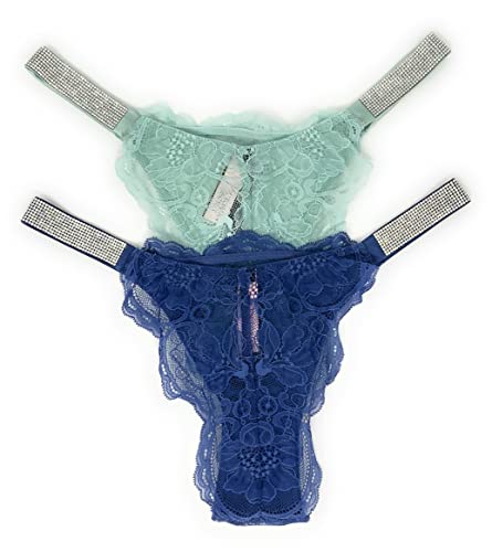 Victoria's Secret Womens Rhinestone Strap Brazilian Panty, Sky Blue Lace / Navy Blue Lace, Medium #TOP16