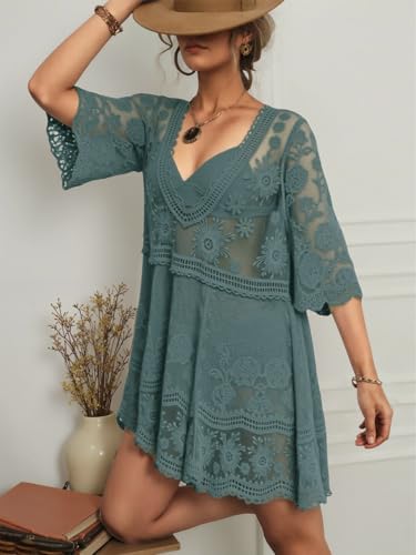 Image of Eomenie Women's Contrast Lace Bathing Suit Cover Up V-Neck Swimsuit Coverups Loose Swimwear Beach Dress Beachwear