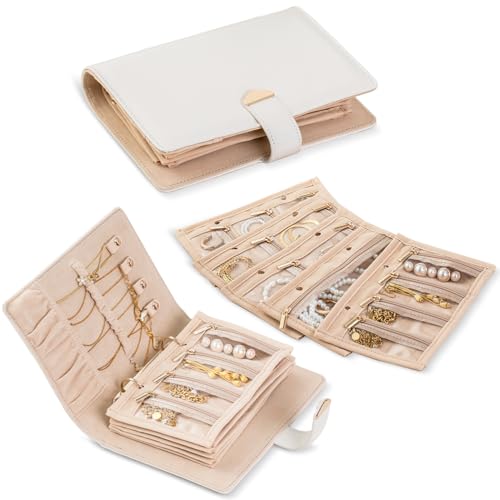 Schmuckaufbewahrung Reise Schmuck Organizer für Ringe Ohrringe Halsketten ArmbäNder Ringbuch-Mechanik Schmucktasche mit 5 Transparenten Schmuckbeuteln und 1 Kettenaufbewahrung Cremeweiß