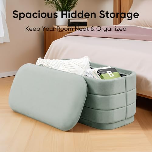Image of 30 inch Velvet Storage Ottoman Bench with Wooden Tray Lid, Folding Large Upholstered Ottoman Footstool for Living Room, Rectangular Padded Foot Rest for Bedroom Living Room Dorm, Sage Green