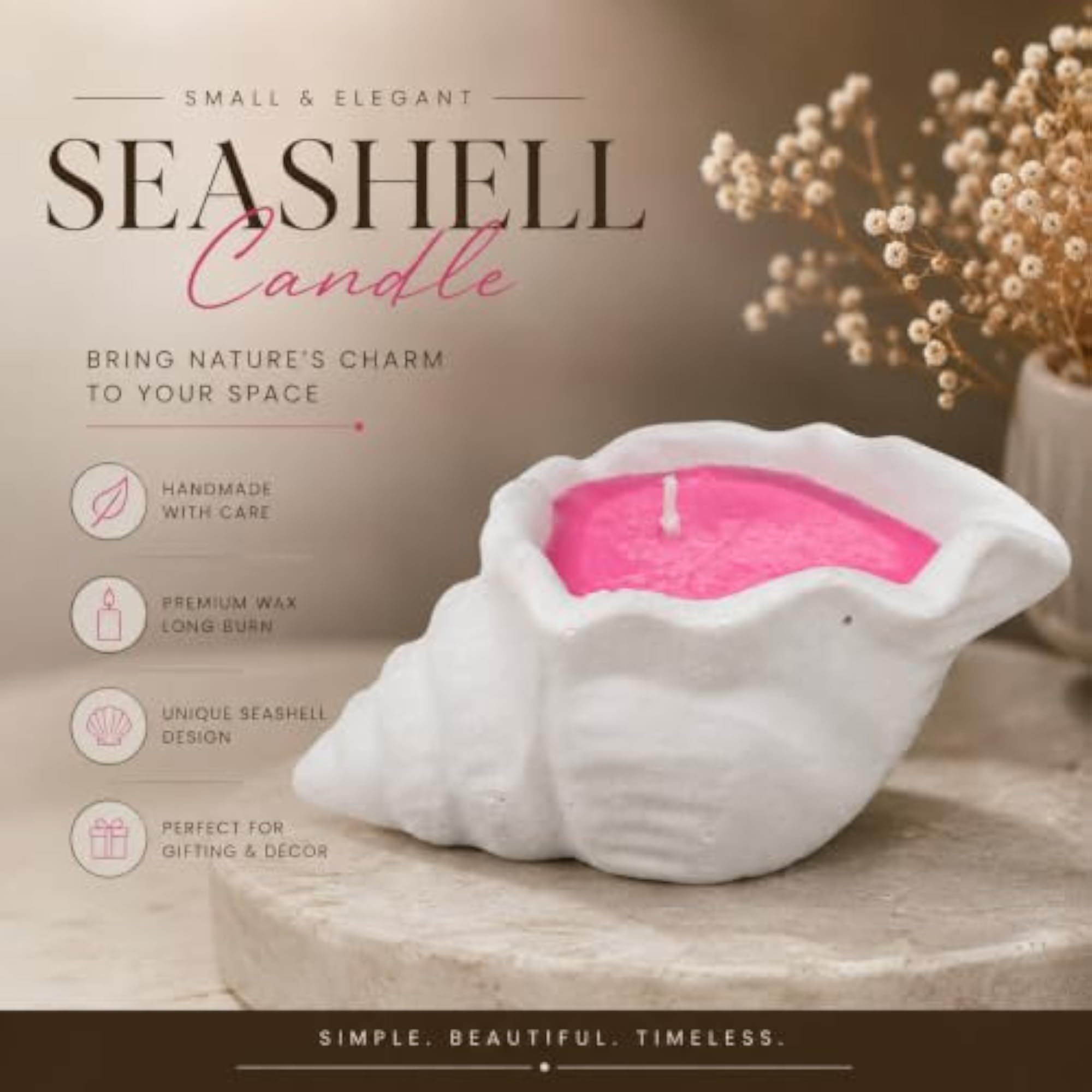 Conch Shell Decorative Candle with Pink Wax, Sculptural Seashell Design
