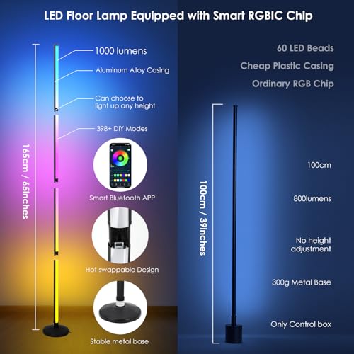 Image of RGB Angle Floor Lamp, RGB Color Changing Floor Lamp with Bluetooth App and Remote Control, Music Sync, 65 inch Mood Lighting, 24H Timer, 398+ DIY Modes