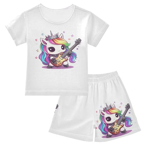 Unicorns Guitar White Pajama Set Short Sleeve PJ Set Cotton Summer Pajamas Sleepwear Soft 5Y