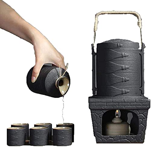GAOTTINGSD Sake Set 9-teiliges Sake Set Mit Wärmerem Topf Und Kerzenherd, Japanische Keramische Schwarze Glasur-Wake Set Für Kalt/Warm/Shochu/Tee Cover