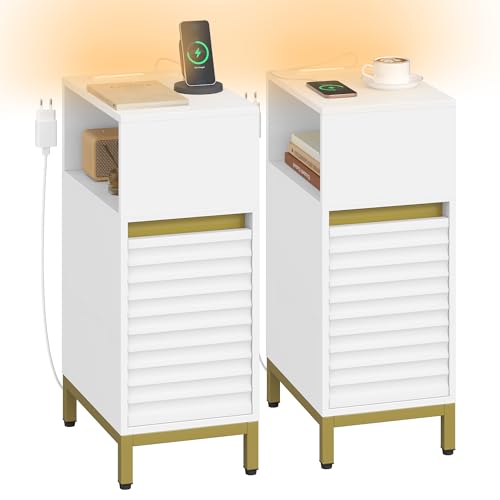 Hzuaneri Nachttisch 2er Set, Schmal Beistelltisch mit LED-Beleuchtung, 1 USB-A-Anschluss, 1 USB-C-Anschluss, Nachttische mit Seitliches offenes Fach,...
