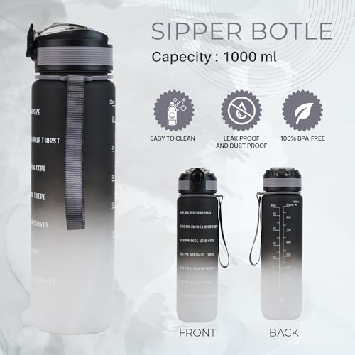 Image of SKYTONE Water Bottle 1 Litre, Motivational Water Bottles, Leakproof Durable BPA-Free Non-Toxic Bottle for Office, Gym, Home, Outdoor (Black)