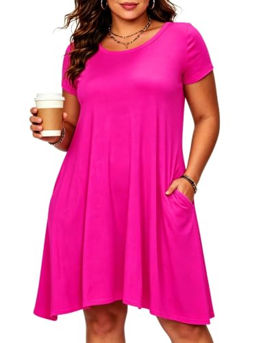 Afibi Women's Short Sleeve Loose Pockets Dress Casual Swing T-Shirt Dresses (Small, Coral)