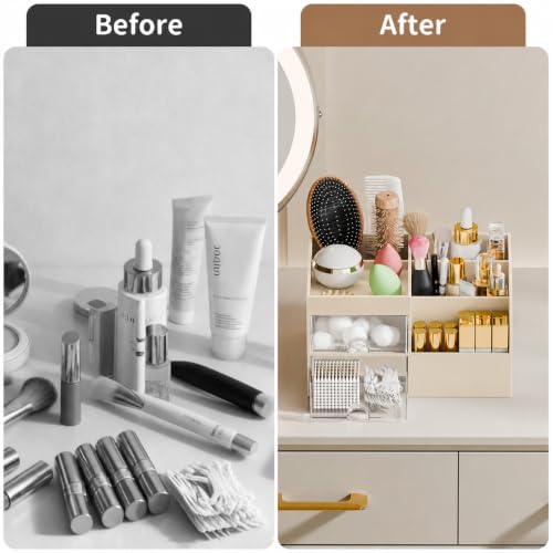Makeup Organizer with 2 Drawers, Makeup Organizers Countertop for Vanity and Bathroom, Make up organization and Skincare Storage with Brush Holder, for Dresser, Desktop, Cosmetic Display Case (Beige)