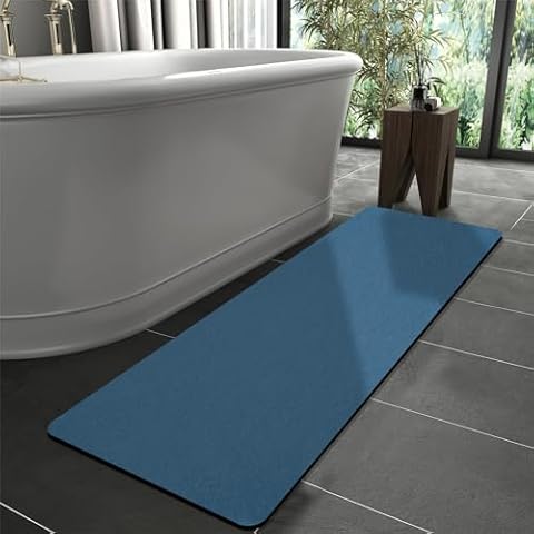 Bath Mat Rug- Extra Long Runner Diatomaceous earth bath mat Quick Dry Non Slip Bathtub mat Super Absorbent Shower Mat Bath Stone Mat Thin Bathroom Rugs Fit Under Door, Machine Washabl,Rectangle, Blue Cover