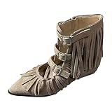 Generisch Botines planos para mujer, botines planos con flecos y flecos, estilo boho, sandalias con hebillas, aspecto occidental, zapatos de verano, aspecto de ante, botas para festivales de música