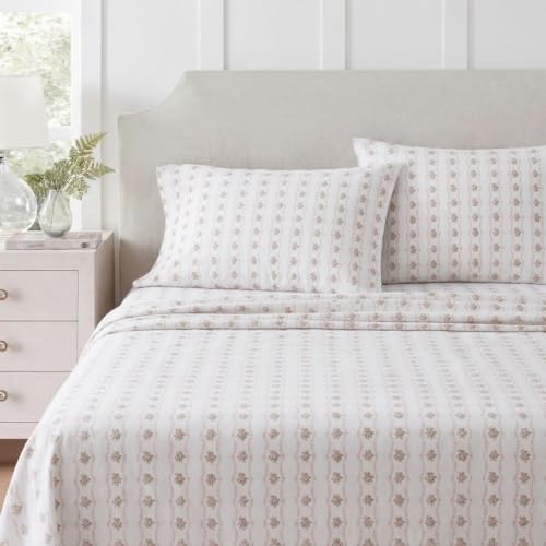 Image of Martha Stewart - Twin Sheet Set with Fitted Sheet & Pillowcase, Soft Cotton Flannel Bedding, Deep Pocket, Vintage Rose Pink