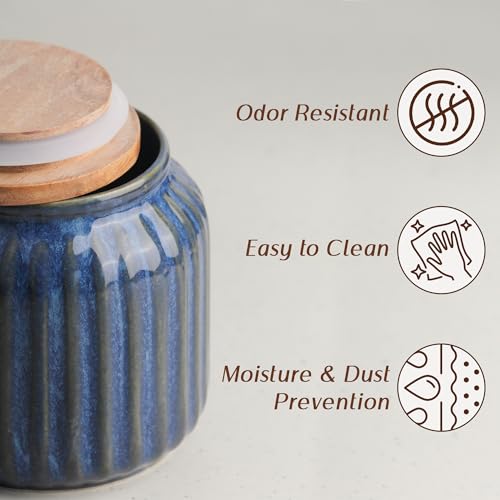 Image of The Earth Store Glam Blue Ceramic Jar Set of 2, 550ML | Wooden Air Tight Lid Jars for Pickles /Achar, Chutney, Sauces, Salt, Candy and Spices | Ceramic Jar for Kitchen, Gifting