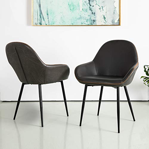Glitzhome Mid-Century Dining Chairs Set Of 2 With Arm Leatherette Seat Metal Legs Living Room Bedroom Kitchen Modern Furniture, Grey #TOP23
