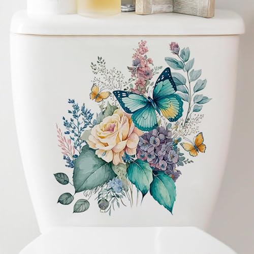WC Aufkleber, Pfingstrose Schmetterlinge Badezimmer WC Sitz Deckel Abdeckung Abziehbilder Wasserdicht Selbstklebend Wandaufkleber für Badezimmer Dekor Toilettendeckel Abziehbilder