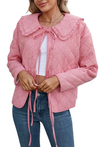 LifeShe Women Plaid Puffer Quilted Jacket Crop Tie Front Padded Coats Ruffled Lapel Collar Puffer Cardigan - Main Image