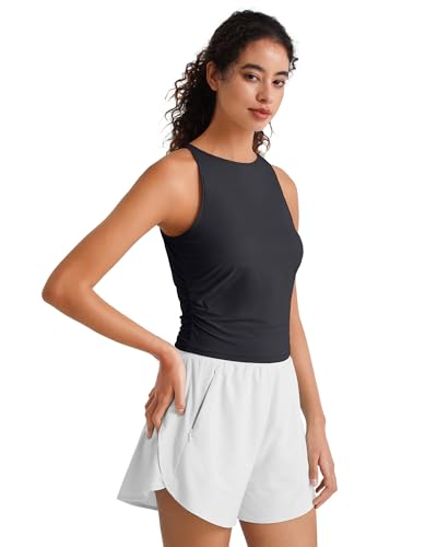 Image of G4Free Skimetic Workout Tank Tops for Women Side Ruched Sleeveless High Neck Crop Top Summer Athletic Gym Shirts