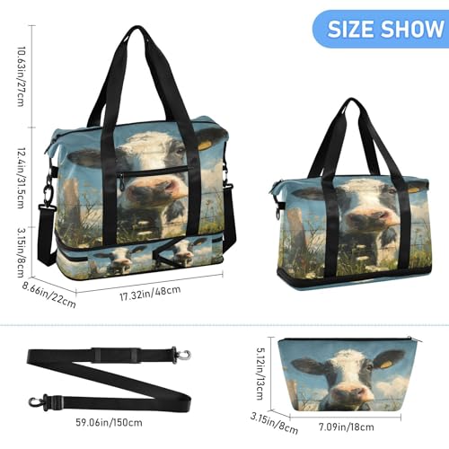 Cow Black White Travel Duffel Bag for Women Men Gym Bag with Shoe Compartment Wet Pocket Carry On Weekender Overnight Bags for Travel Weekend Getaway3