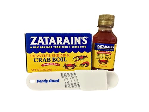 Zatarain\'s Crawfish Shrimp Crab Boil Seasoning Bundle with (1) Crawfish Shrimp Crab Boil in Bag (1) Zatarain\'s Concentrated Shrimp and Crab Boil Liquid and (1) Adjustable Measuring Spoon