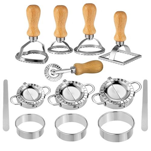 13 Pcs Ravioli Stamp Set, Ravioli Pasta Cutter Wheel Set, Ravioli Maker Cutter with Roller Wheel and Handle 3 Sizes Dumpling Press with Dough Cutter Stuffing Spoon, Pasta Press Wheel Pasta Tools