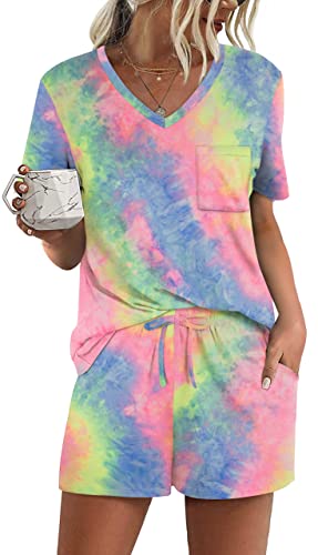 Image of RUBZOOF Women's Short Sleeve Pajama Sets with Pockets Casual V Neck 2 Piece Lounge Sets S-3XL