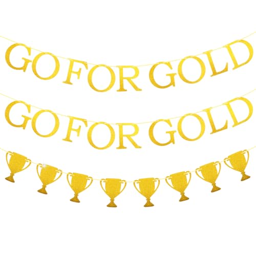 Amabro 3 Pcs Go For Gold Banners Golden Shiny Banner Sports Party Decorations Trophy Signs Banner Hanging Streamers for Football Basketball Swimming Game Theme Sport Party Themed Events